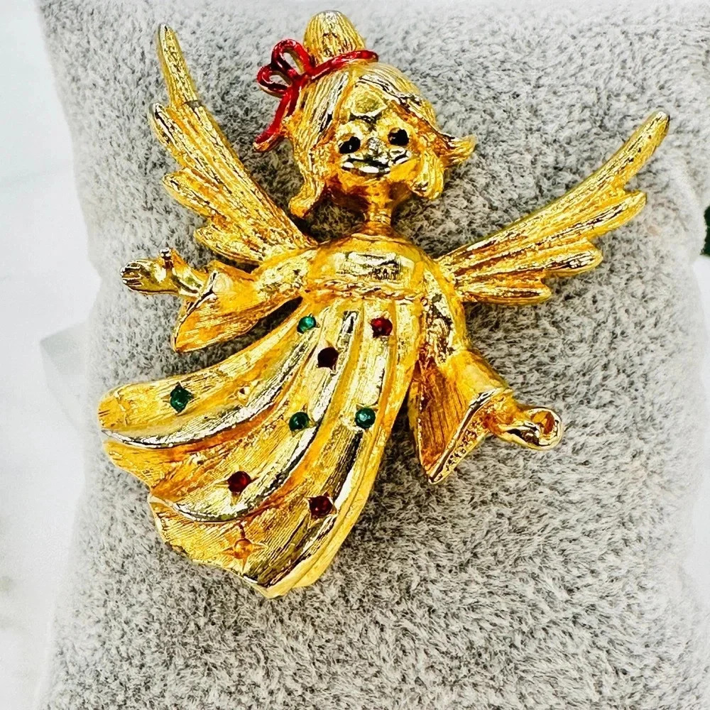 Vintage Christmas Angel Brooch Pin Gold-tone Red Green Rhinestone Holida… - Picture 1 of 10